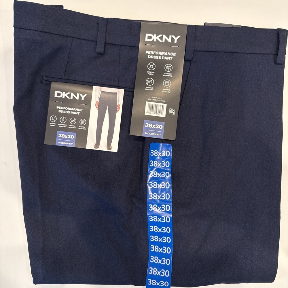 DKNY Performance Dress Pant Men 38x30 Navy Blue New Modern Fit Stretch Wrinkle